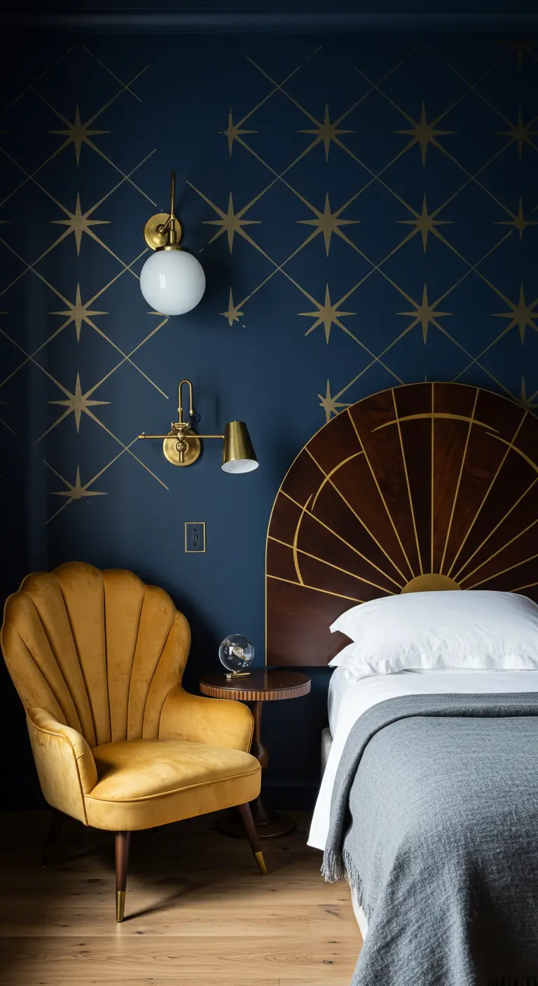 Dormitorio Art Déco con papel pintado de estrellas, cabecero en forma de abanico y sillón de terciopelo mostaza.