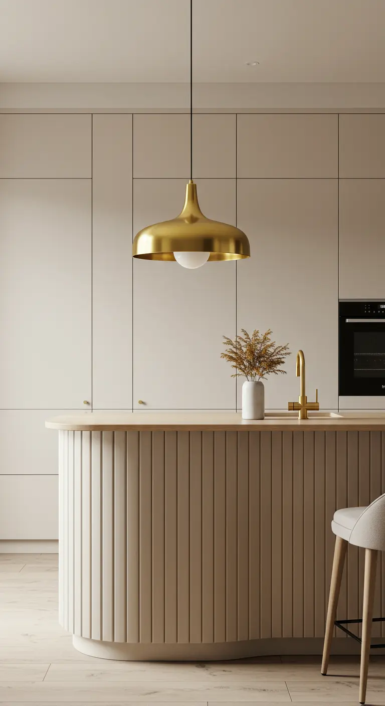 Cocina con isla curva de listones y una gran lámpara colgante dorada como punto focal