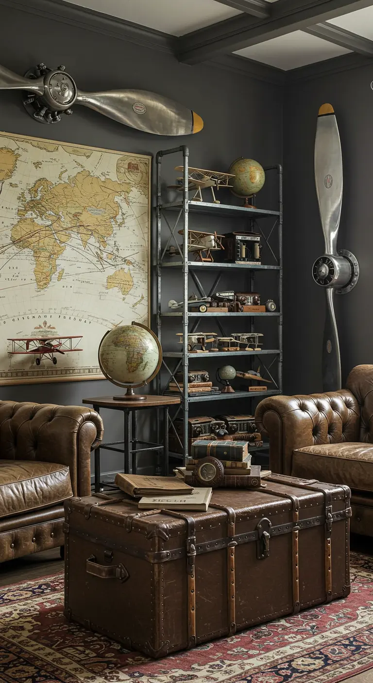 Sala de estar temática de aviación con hélices en la pared, mapas, globos y muebles de cuero.