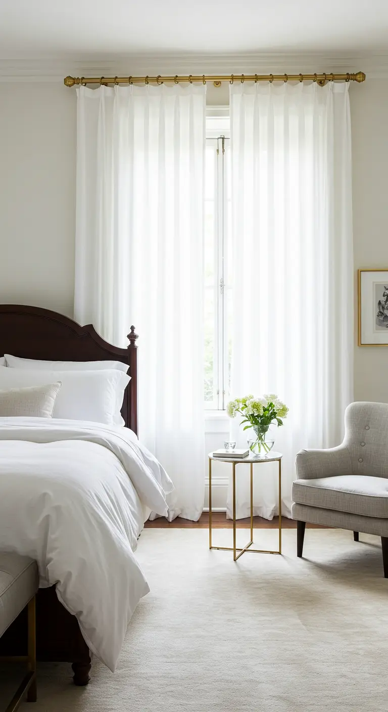 Dormitorio elegante con una barra de cortina dorada y una mesa auxiliar dorada.