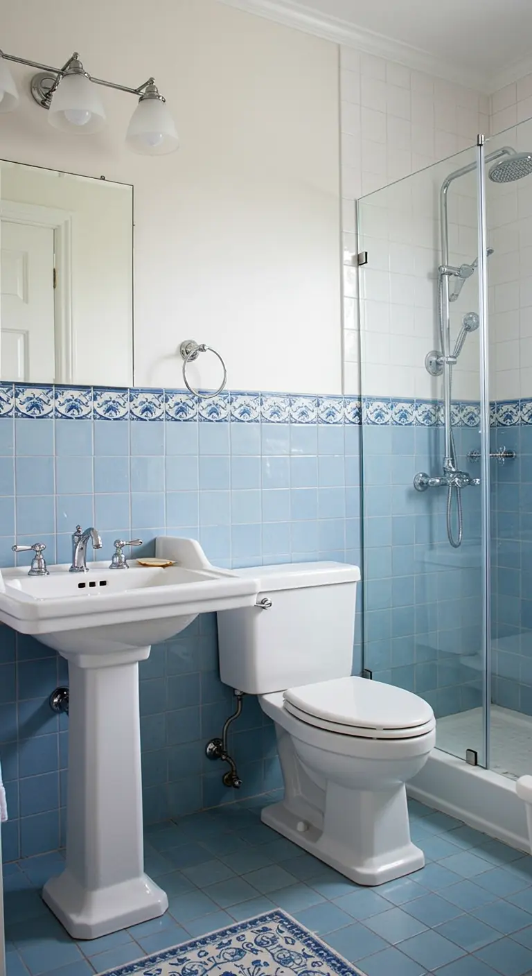 Baño con azulejos azul claro y una cenefa superior con motivos florales en azul oscuro