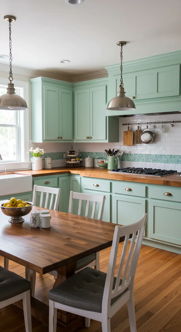 Muebles de cocina color menta con salpicadero de azulejos blancos y una franja menta.