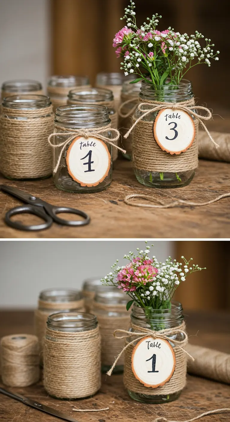 Frascos de yute usados como números de mesa para una boda, con flores.