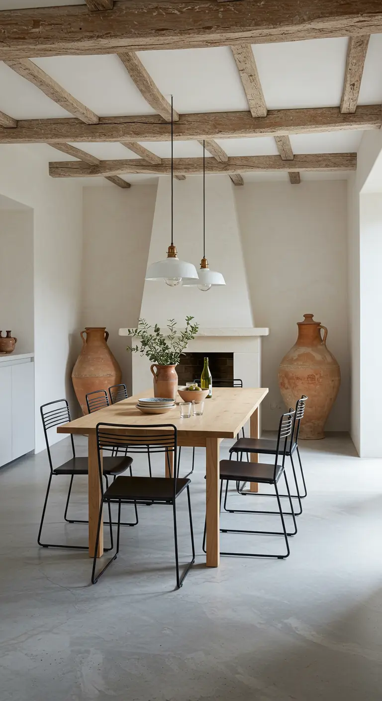 Comedor moderno y rústico con vigas de madera, grandes tinajas de terracota y sillas minimalistas.