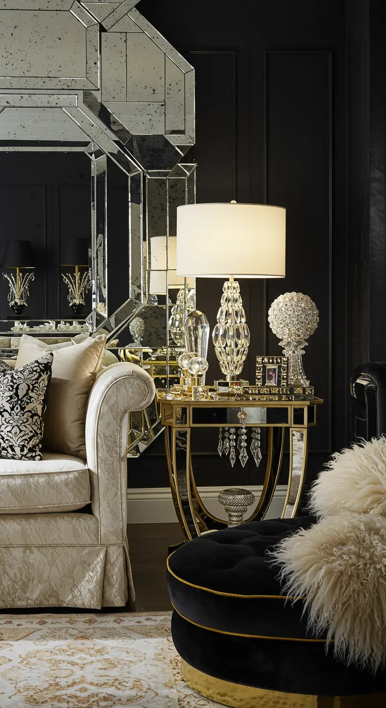 Espejo de gran tamaño con un marco de paneles de espejo facetados, creando un efecto de diamante