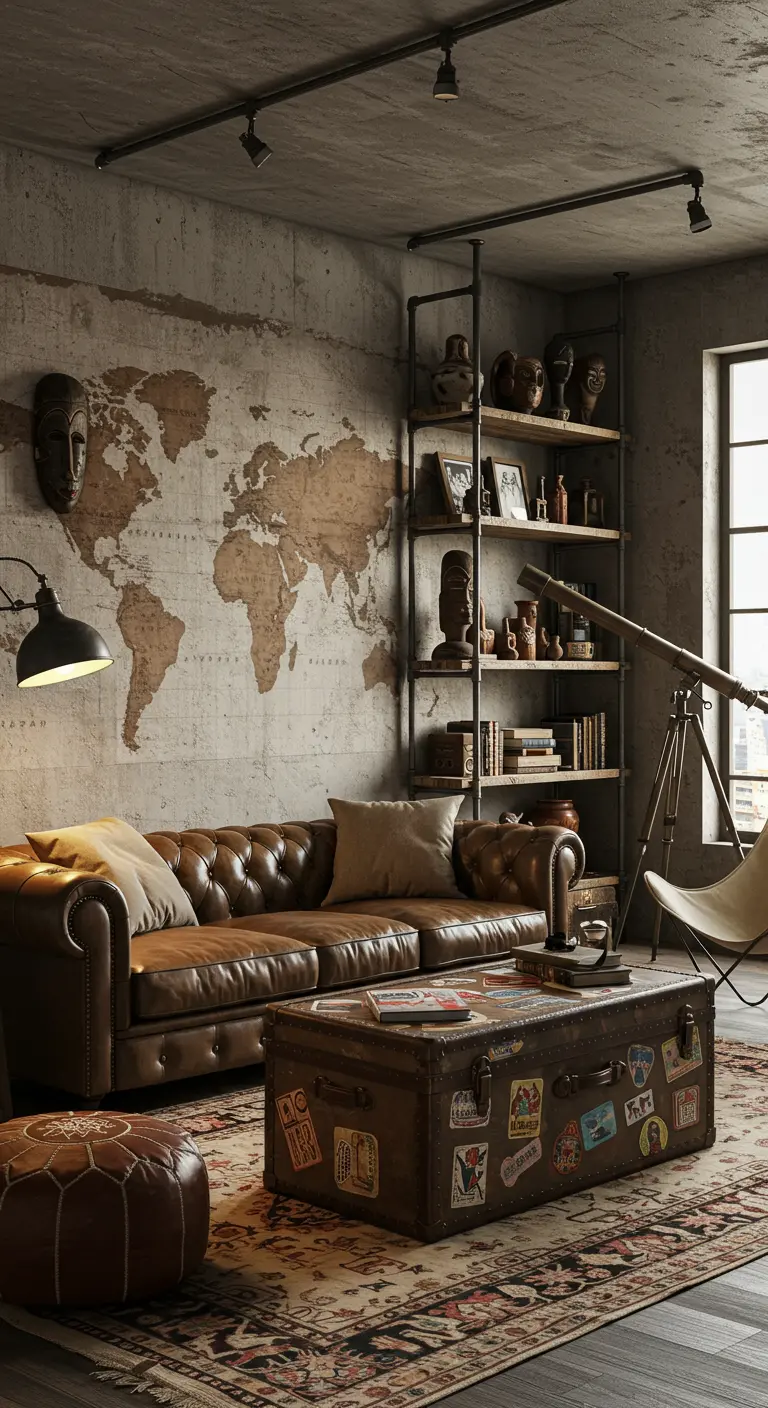 Salón de estilo industrial con un gran mapa del mundo en la pared y una maleta como mesa.