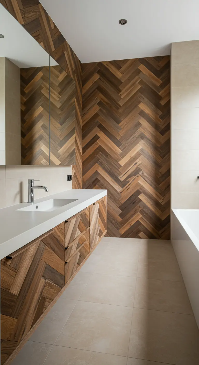 Baño con una pared y un mueble de lavabo revestidos de madera en patrón de espiga