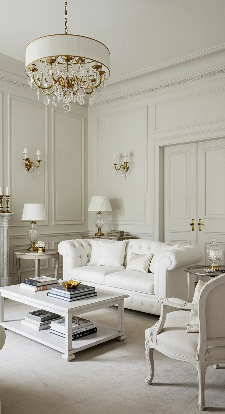 Salón neoclásico con paredes con molduras, sofá chésterfield blanco y sutiles lámparas doradas