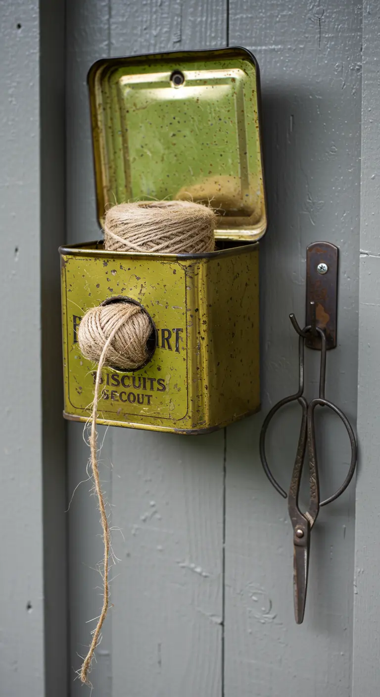 Lata de galletas metálica vintage colgada en la pared, reutilizada como dispensador de cuerda de yute.