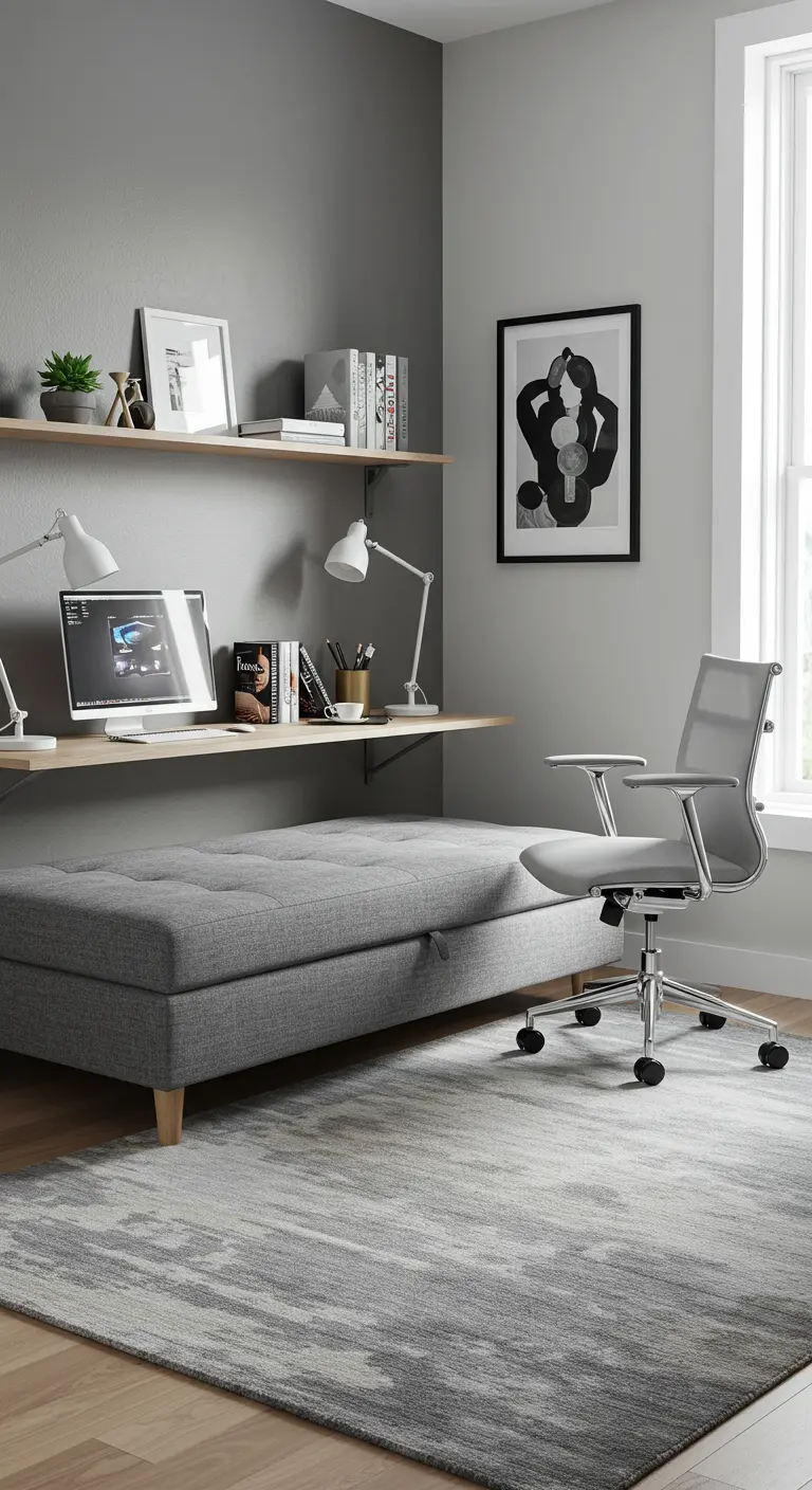 Diván-cama gris con almacenaje en una oficina en casa con escritorio y silla ergonómica.