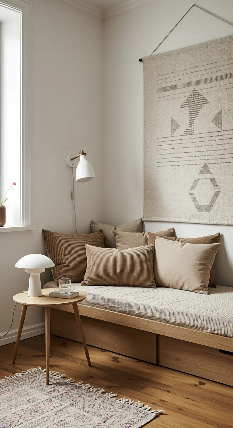 Rincón acogedor con un diván de madera lleno de cojines de pana en tonos neutros