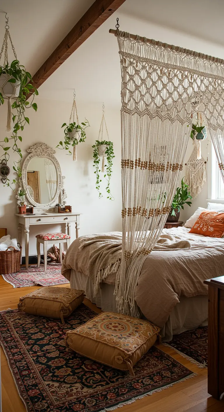 Cortina de macramé colgando junto a una cama en un dormitorio de estilo bohemio.