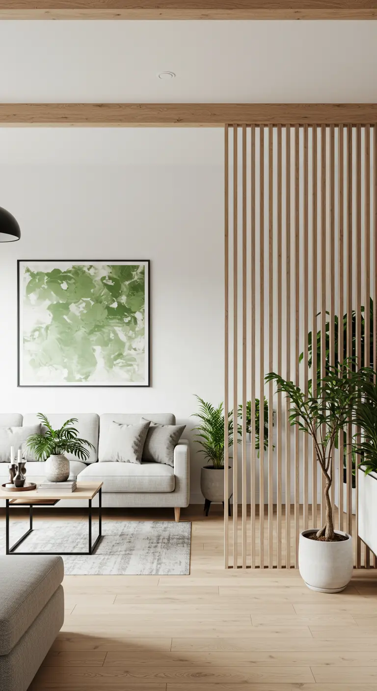 Separador de ambientes hecho con listones verticales de madera clara en una sala moderna