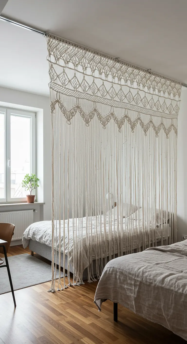 Un gran tapiz de macramé cuelga del techo y funciona como separador de ambientes.