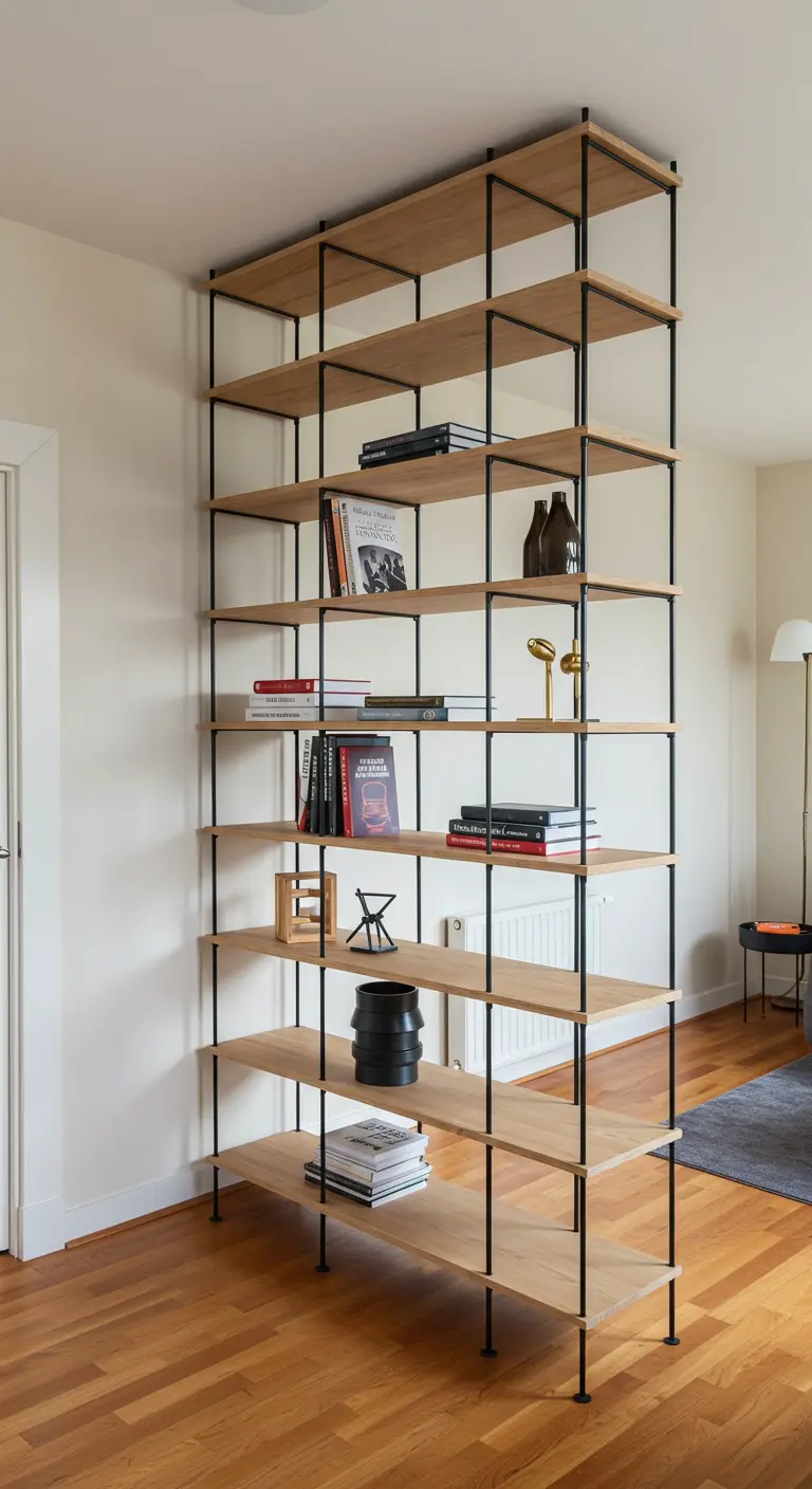 Estantería alta y abierta con estructura metálica negra y baldas de madera, usada como separador.