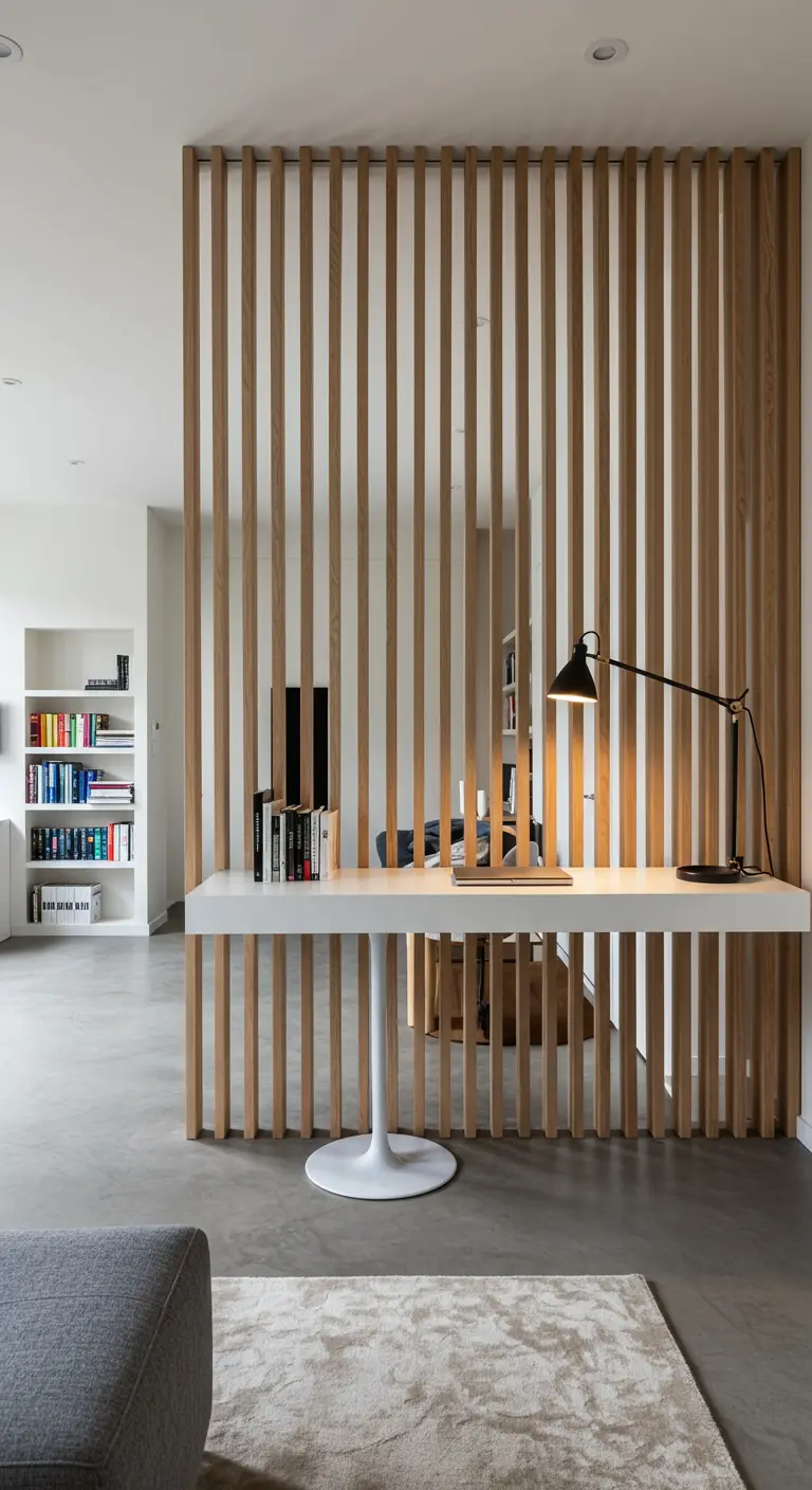 Divisor de ambiente hecho con listones de madera verticales detrás de un escritorio blanco moderno.