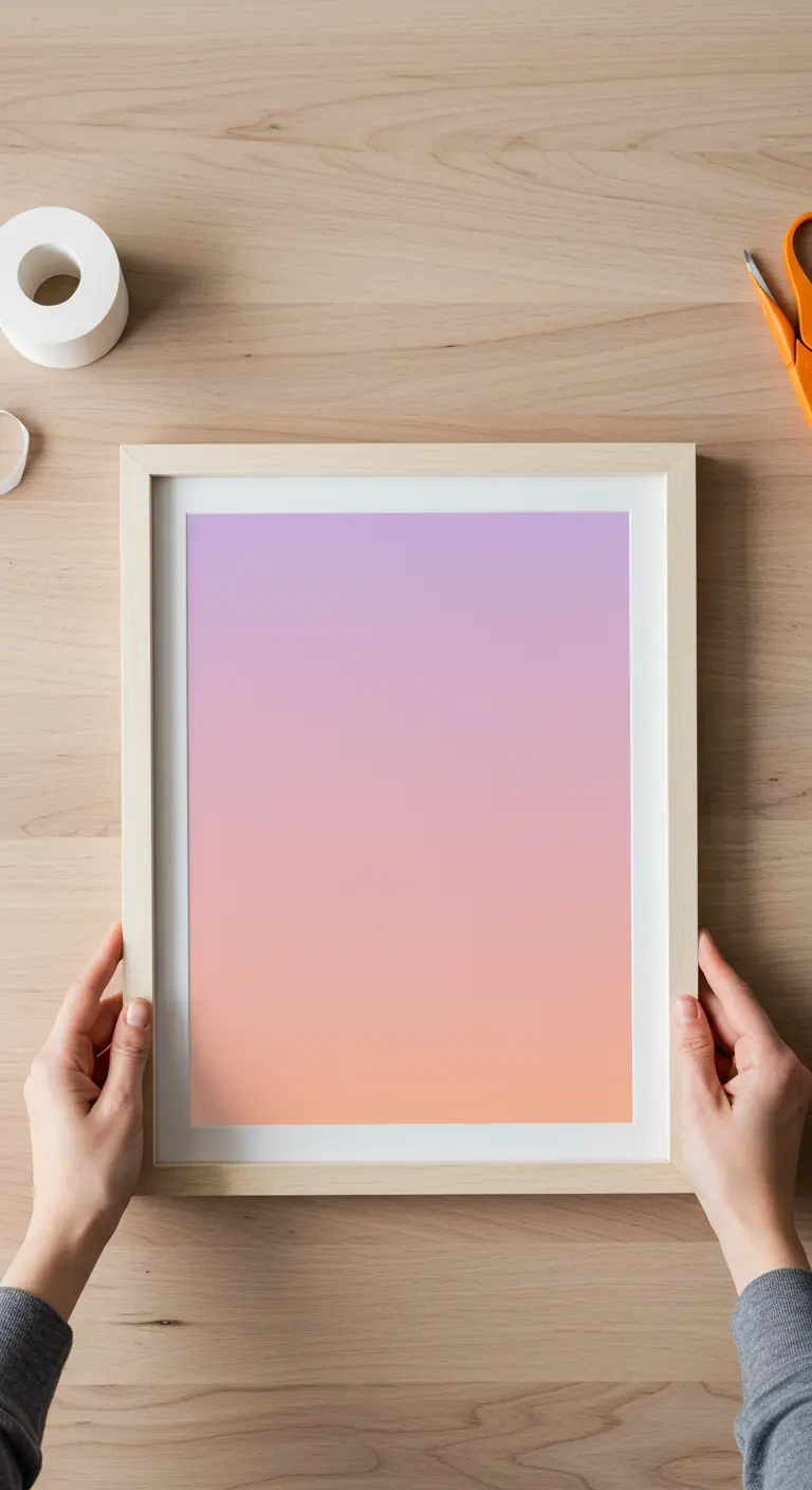 Manos sosteniendo un cuadro con marco de madera que contiene una lámina con un degradado de lila a coral.
