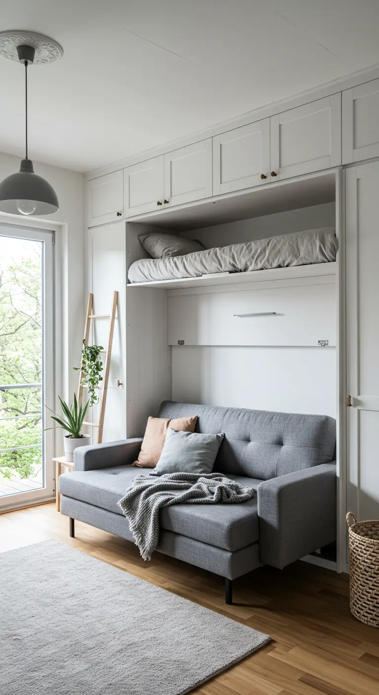 Cama abatible blanca sobre un sofá gris en un dormitorio moderno.