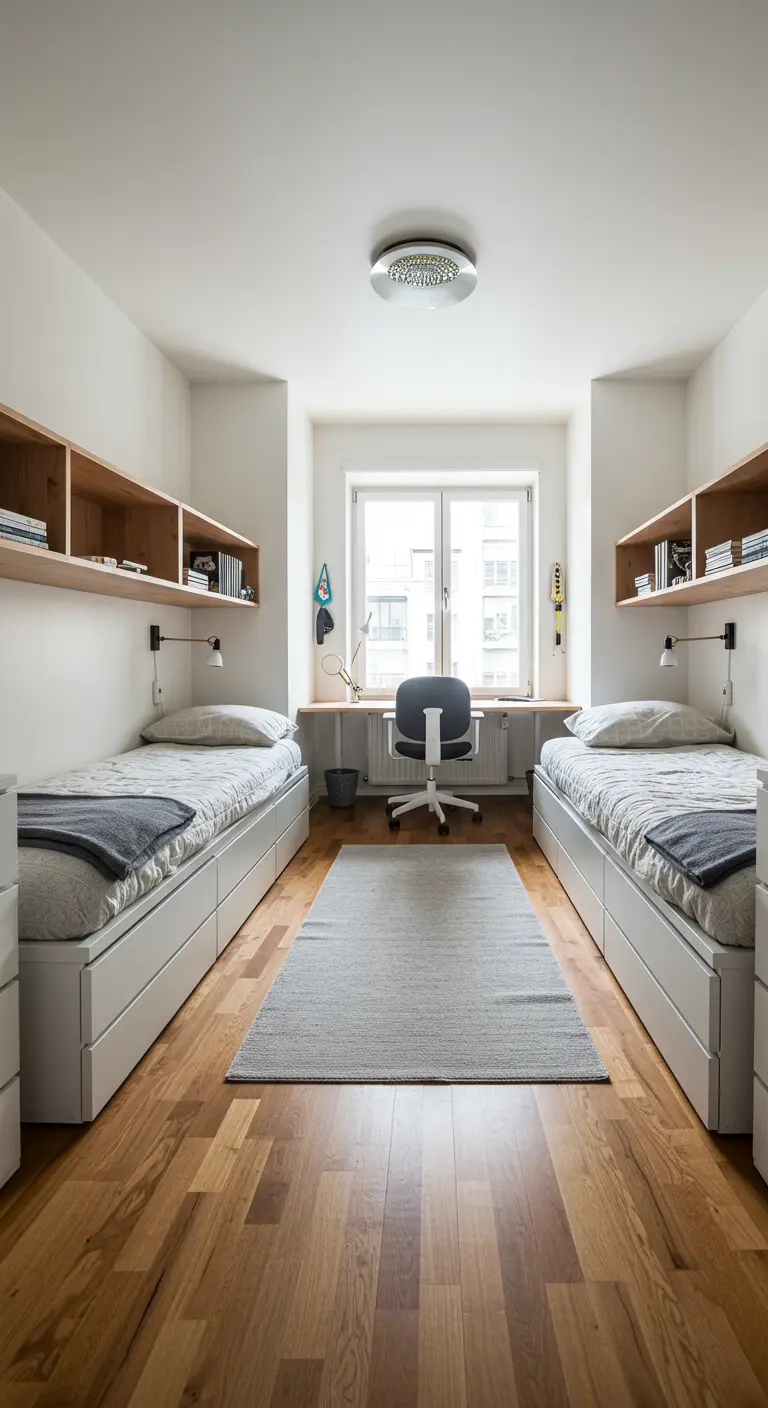 Habitación estrecha y alargada con dos camas enfrentadas, estanterías y un escritorio al fondo.