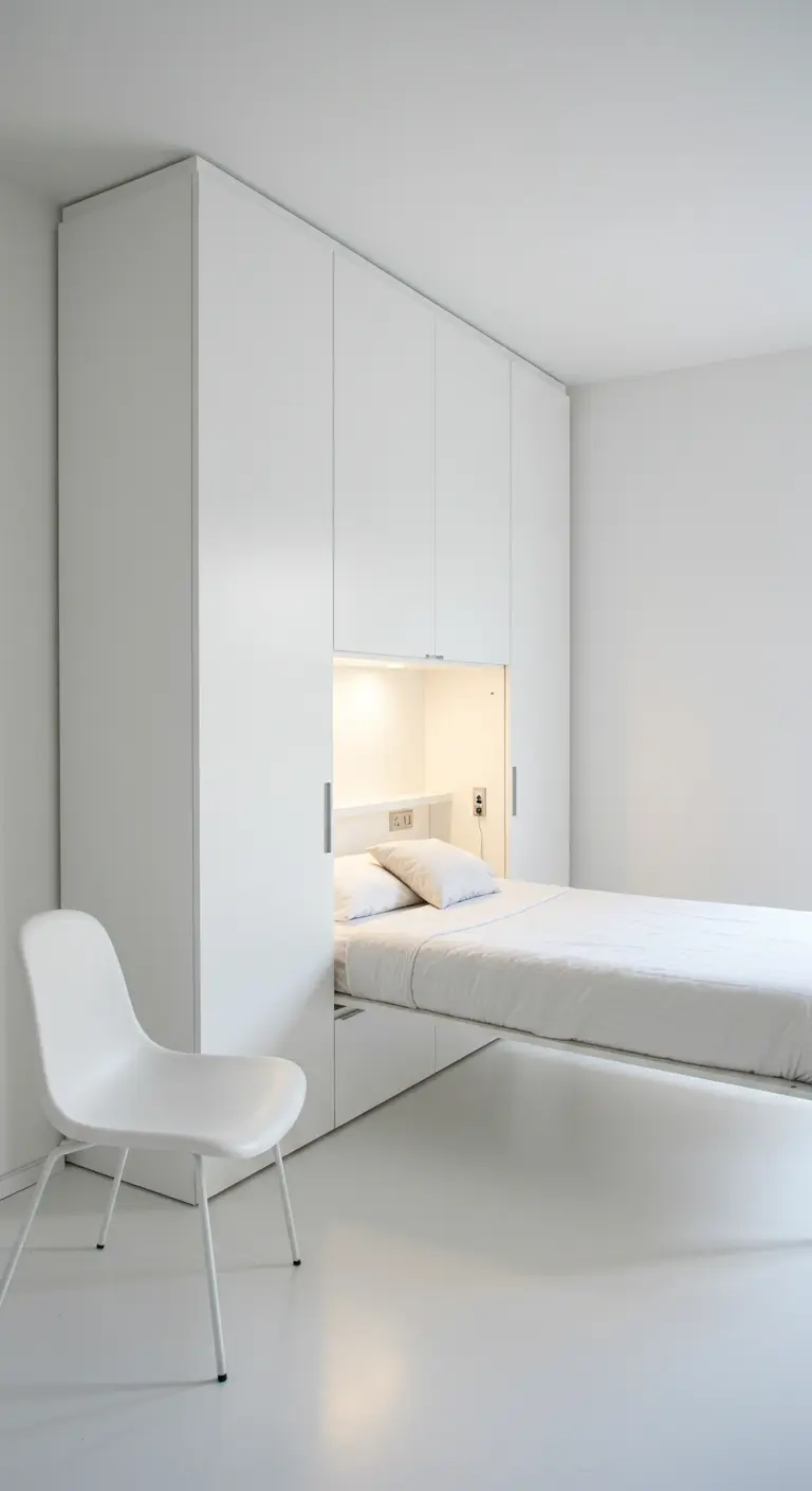 Dormitorio minimalista con una cama encajada en un nicho dentro de un gran armario blanco.