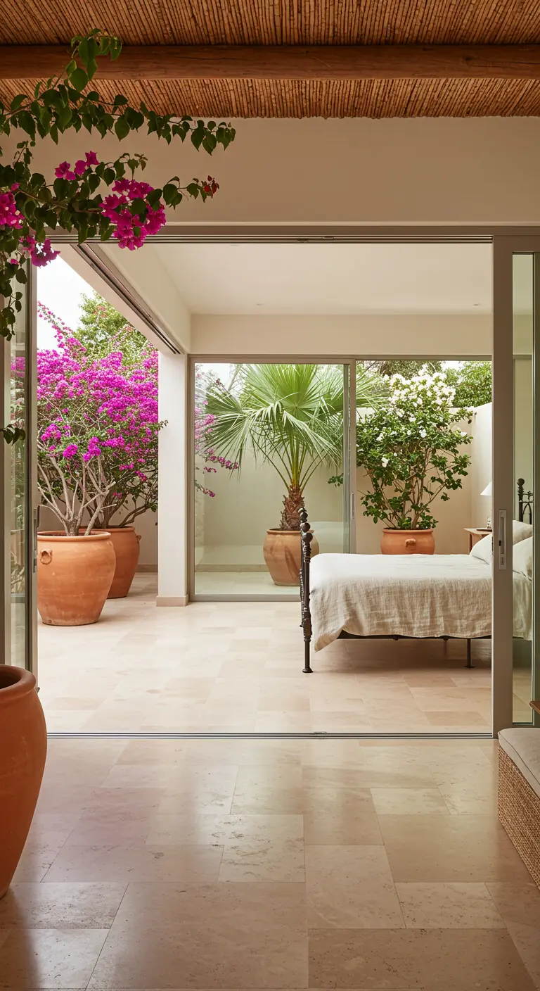 Dormitorio que se abre a un patio lleno de macetas de terracota con buganvillas en flor