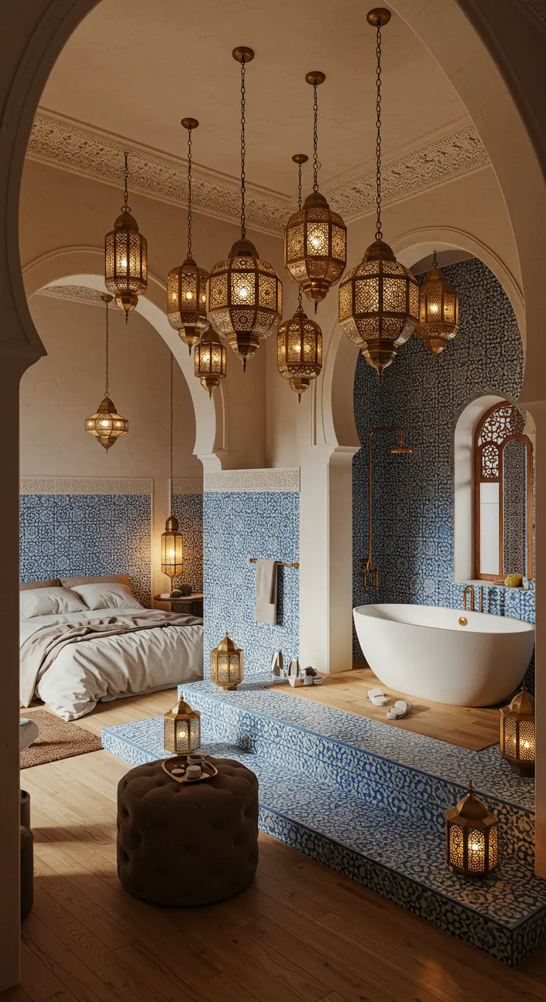 Dormitorio-suite con zona de baño integrada, revestida de azulejos azules y blancos