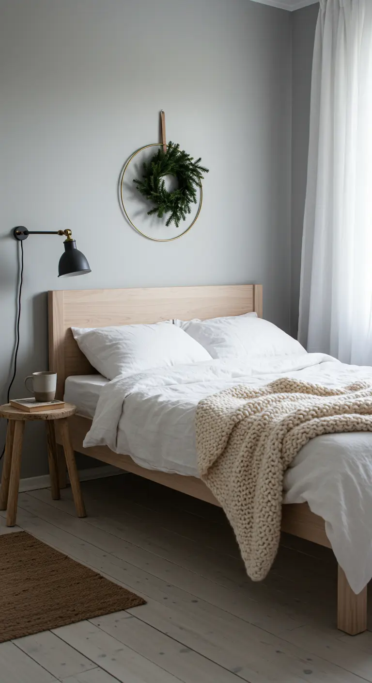 Dormitorio de estilo nórdico con una corona de pino minimalista colgada sobre la cama de madera