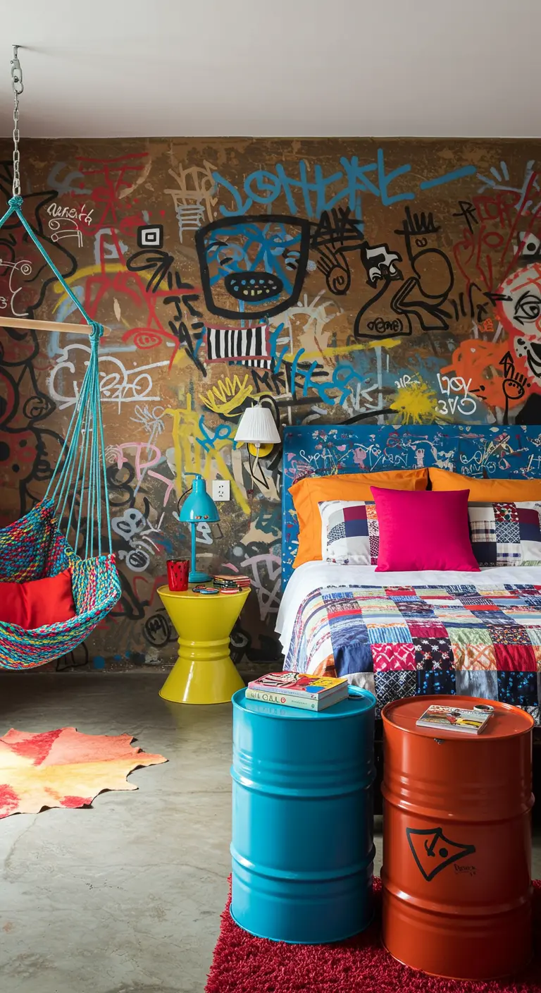 Dormitorio con una pared cubierta de graffiti, muebles reciclados y textiles muy coloridos.