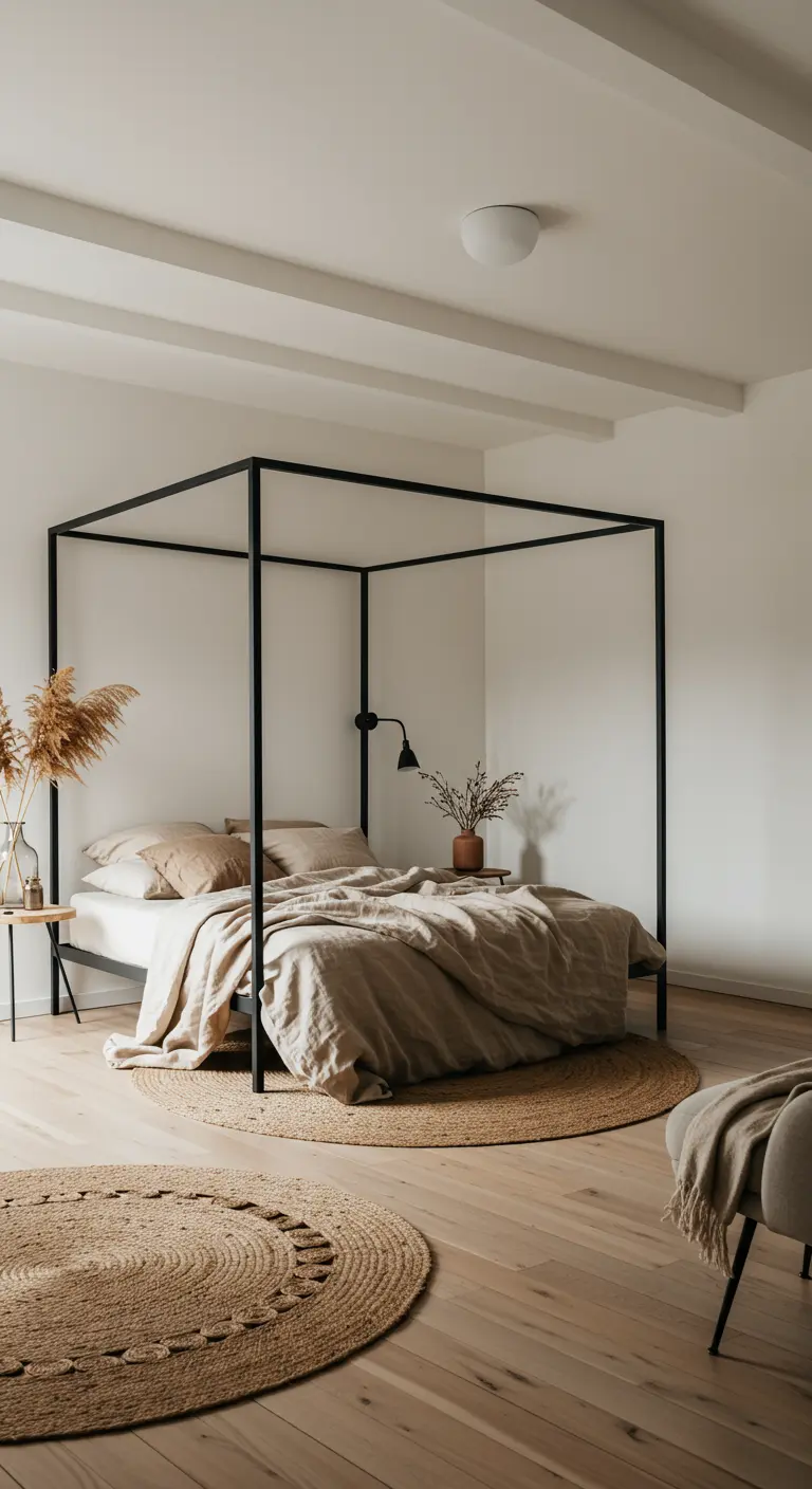 Cama con dosel de estructura metálica negra en un dormitorio de estilo bohemio.