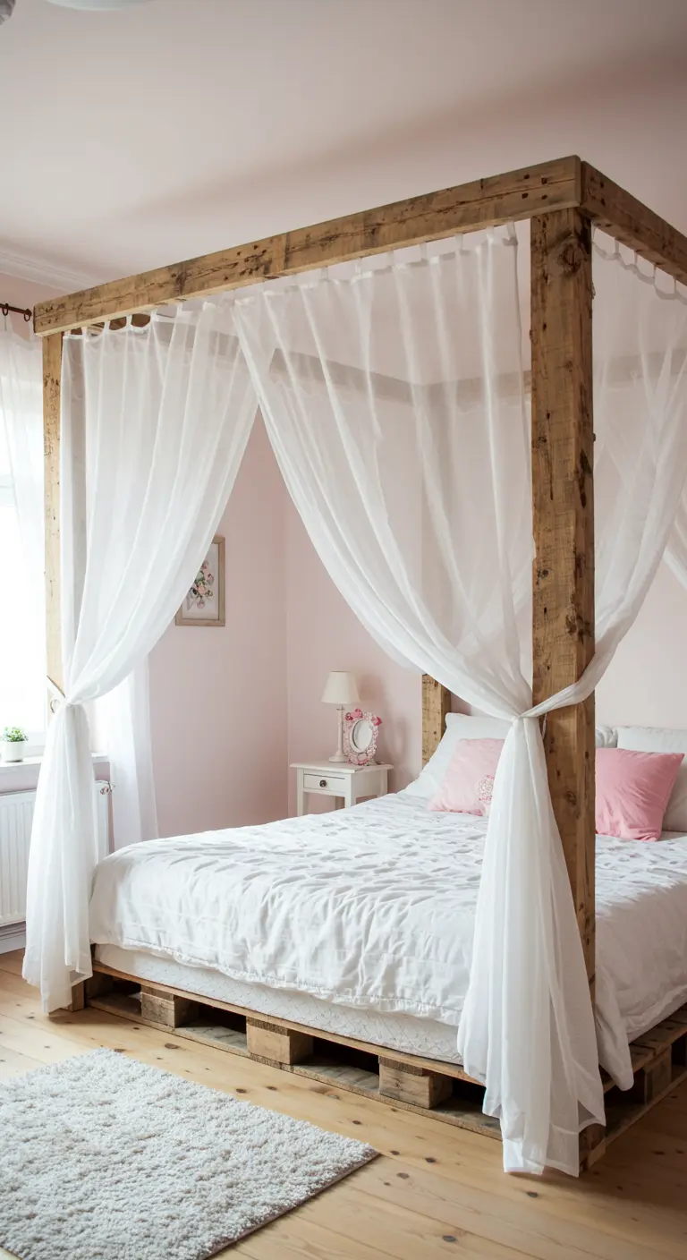 Cama con dosel hecha con estructura de madera rústica y base de palets, con cortinas blancas.