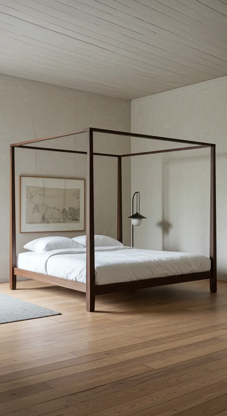 Cama con dosel de estructura minimalista de madera oscura en un dormitorio despejado.