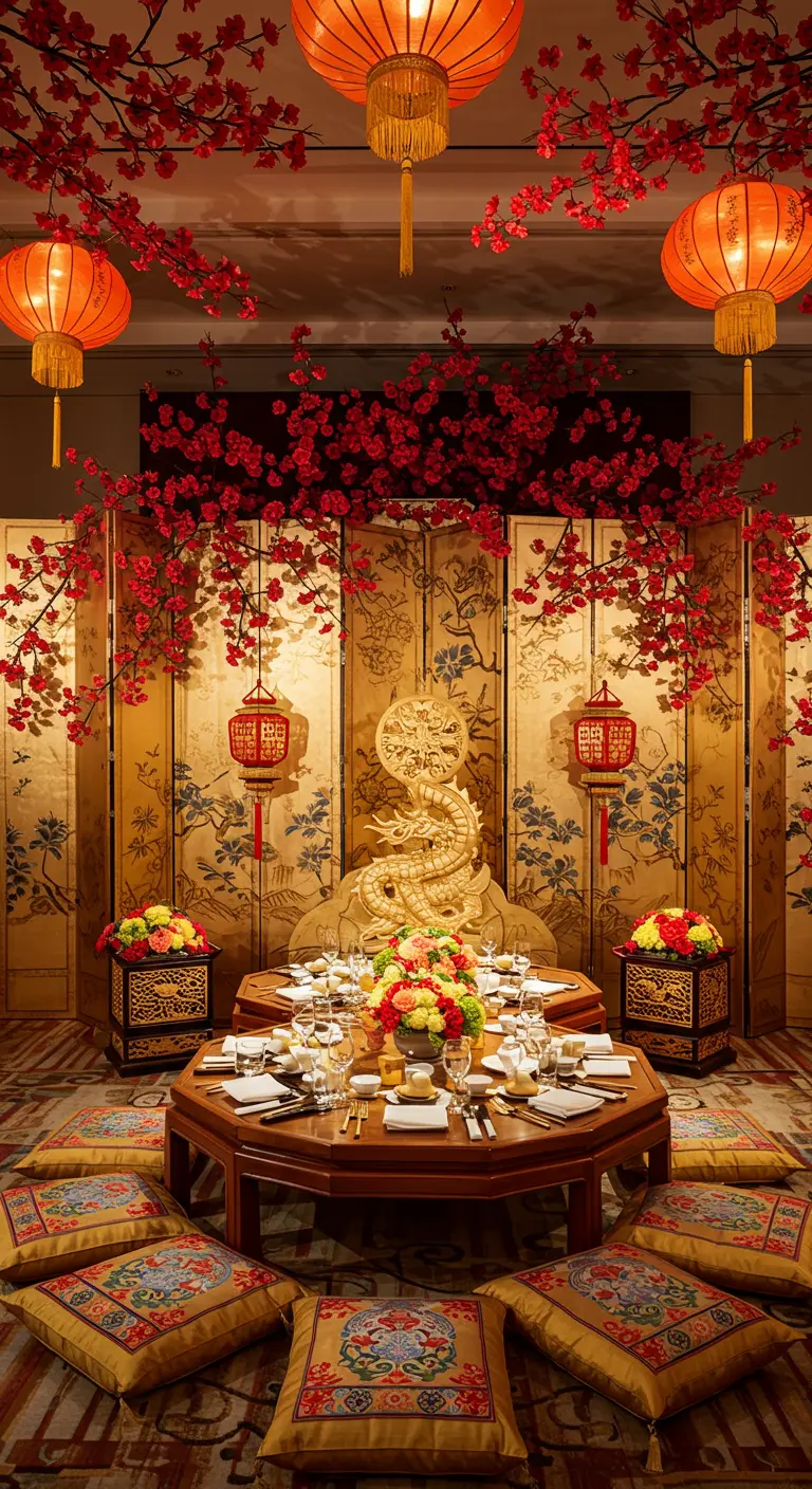 Decoración de fiesta de inspiración asiática con un biombo dorado, farolillos rojos y cojines.