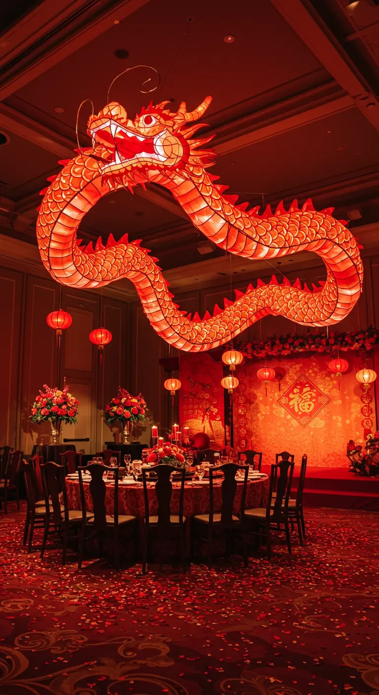 Salón de banquetes para el Año Nuevo Chino con un dragón de luz gigante y pétalos rojos.