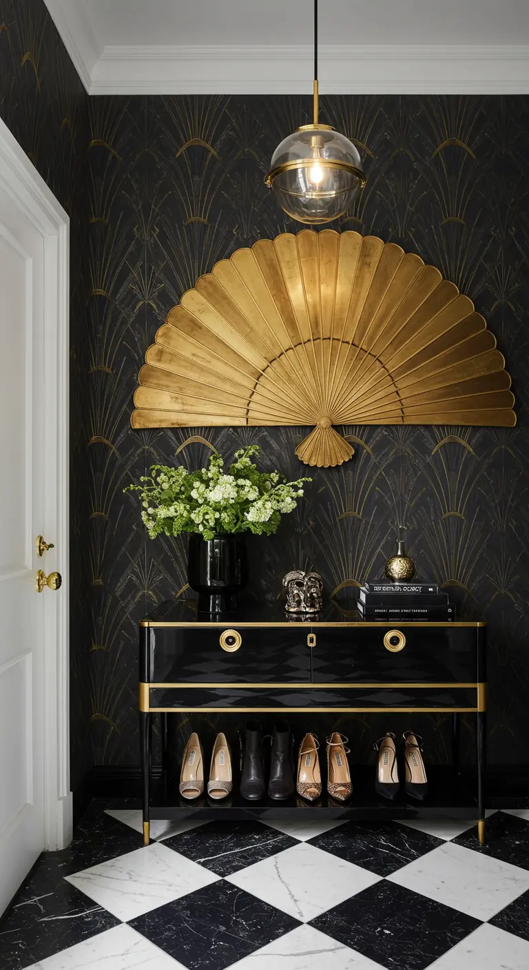 Entrada Art Decó con papel pintado geométrico, suelo de damero y mueble negro con detalles dorados.