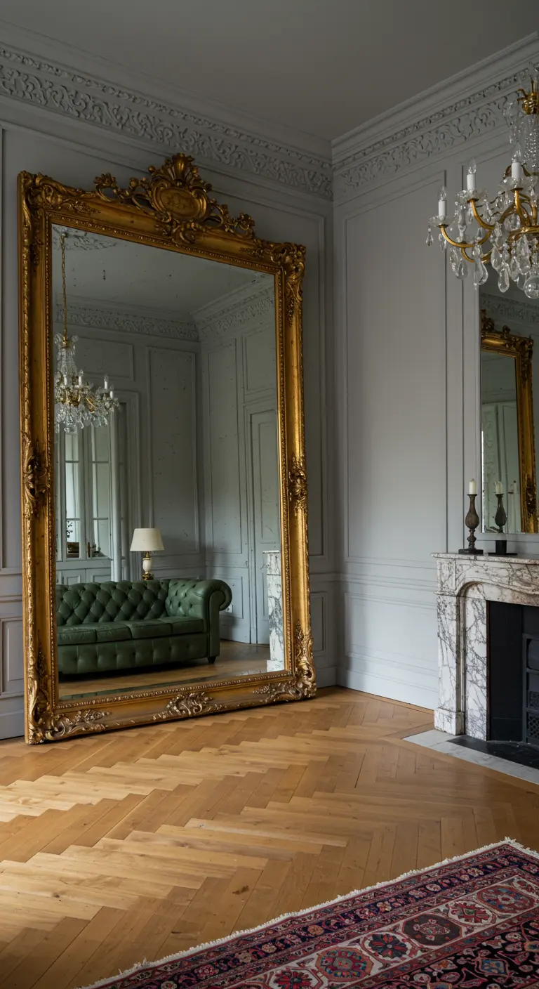 Salón elegante con un enorme espejo de marco dorado apoyado en una pared gris