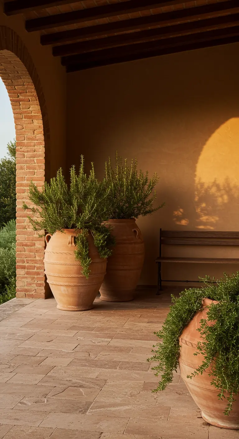 Grandes tinajas de terracota de estilo toscano con romero rebosante en un patio de piedra.