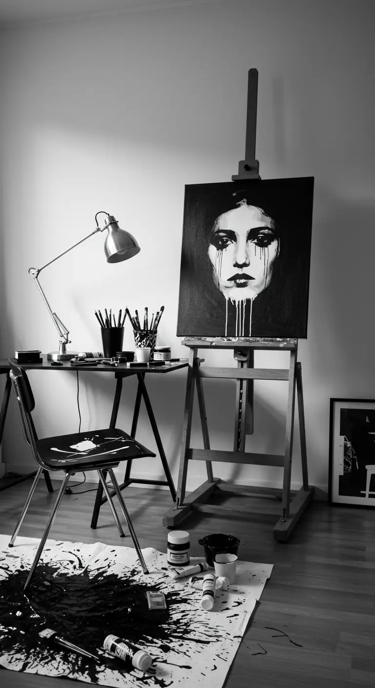 Estudio de arte en blanco y negro con una pintura de un retrato, una silla de metal y una lámpara.