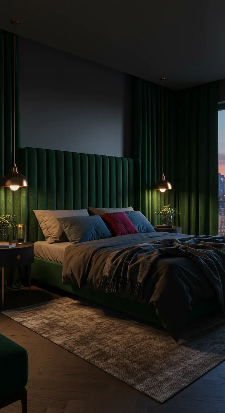 Dormitorio oscuro y elegante con cabecero y cortinas de terciopelo verde esmeralda.