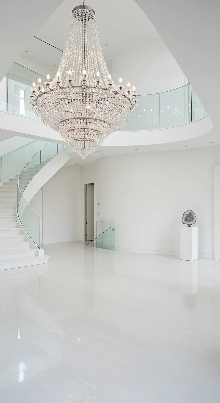 Recibidor blanco minimalista con una gran lámpara de araña de cristal y escalera curva