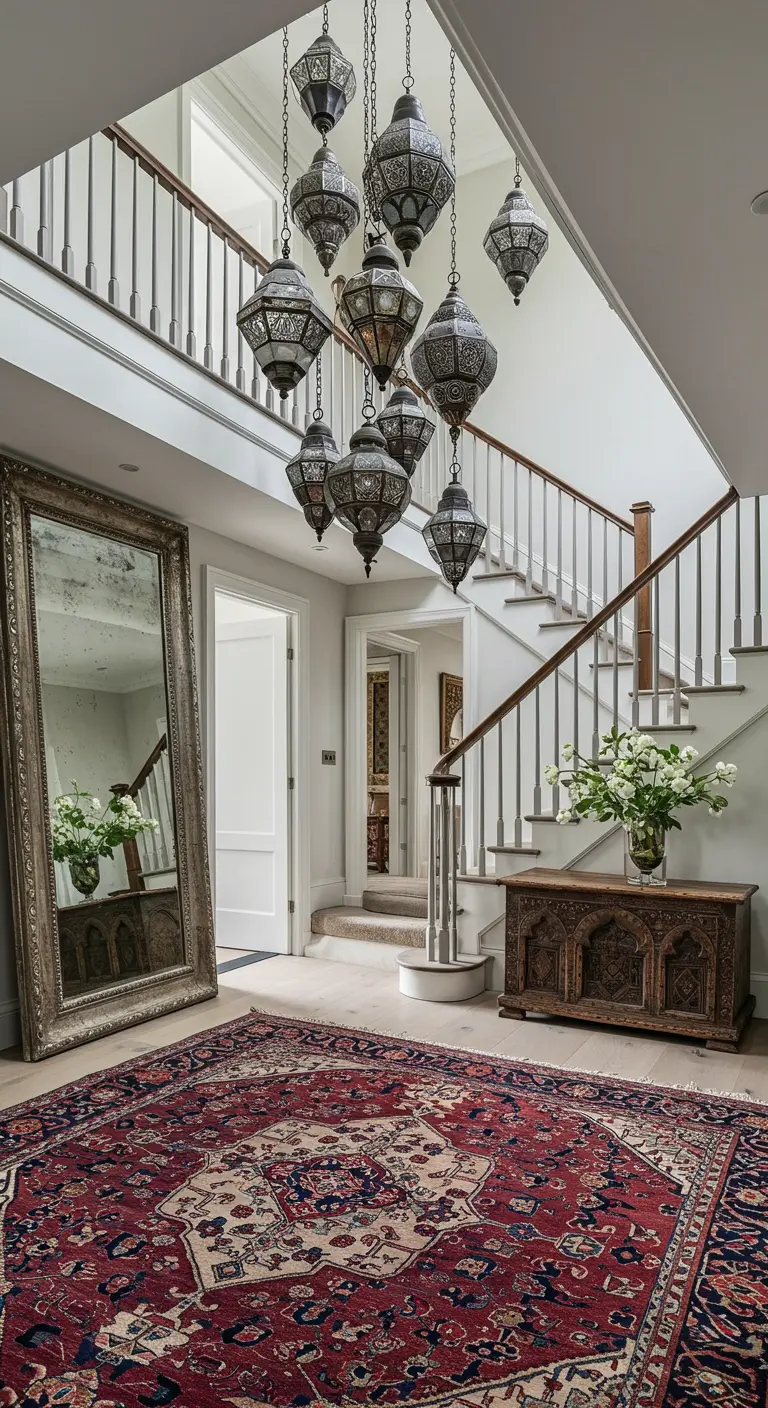 Entrada espectacular con lámparas marroquíes colgantes, espejo gigante y alfombra persa.