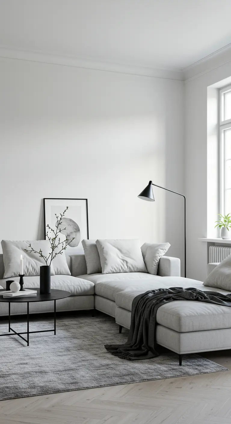 Sofá modular gris claro en una sala minimalista con acentos en color negro