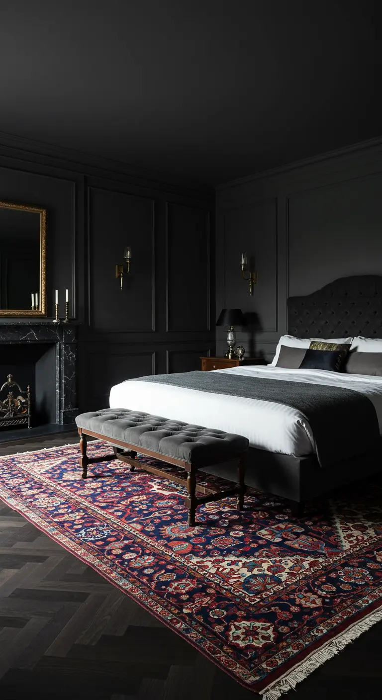 Dormitorio elegante con paredes negras y una alfombra persa en tonos rojos y azules intensos.