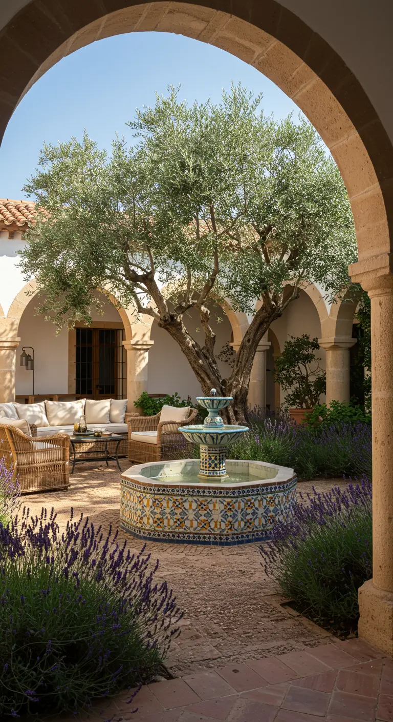 Patio andaluz con una fuente central de azulejos, un olivo frondoso y arbustos de lavanda.