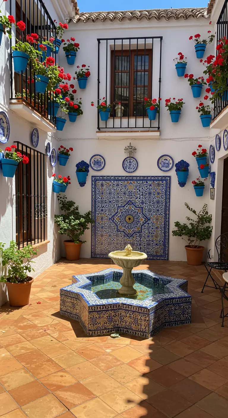 Patio andaluz con paredes blancas, macetas azules con geranios rojos y una fuente de mosaico