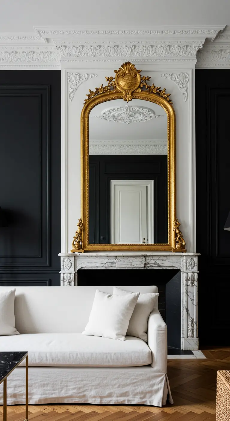 Sala con paredes blancas y negras, sofá de lino blanco y chimenea de mármol con espejo dorado.