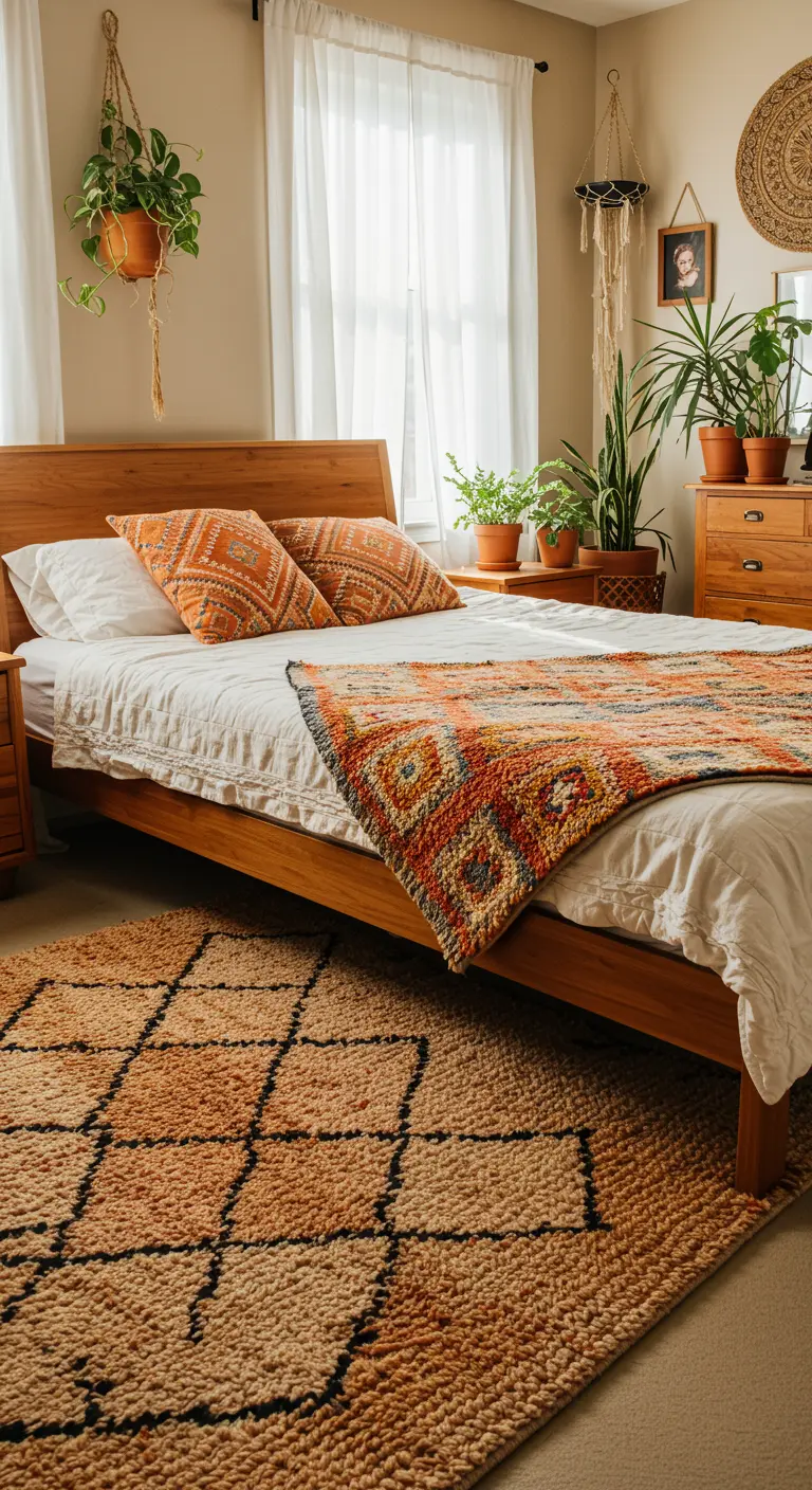 Dormitorio boho con alfombra de yute y manta tejida naranja a juego sobre la cama.