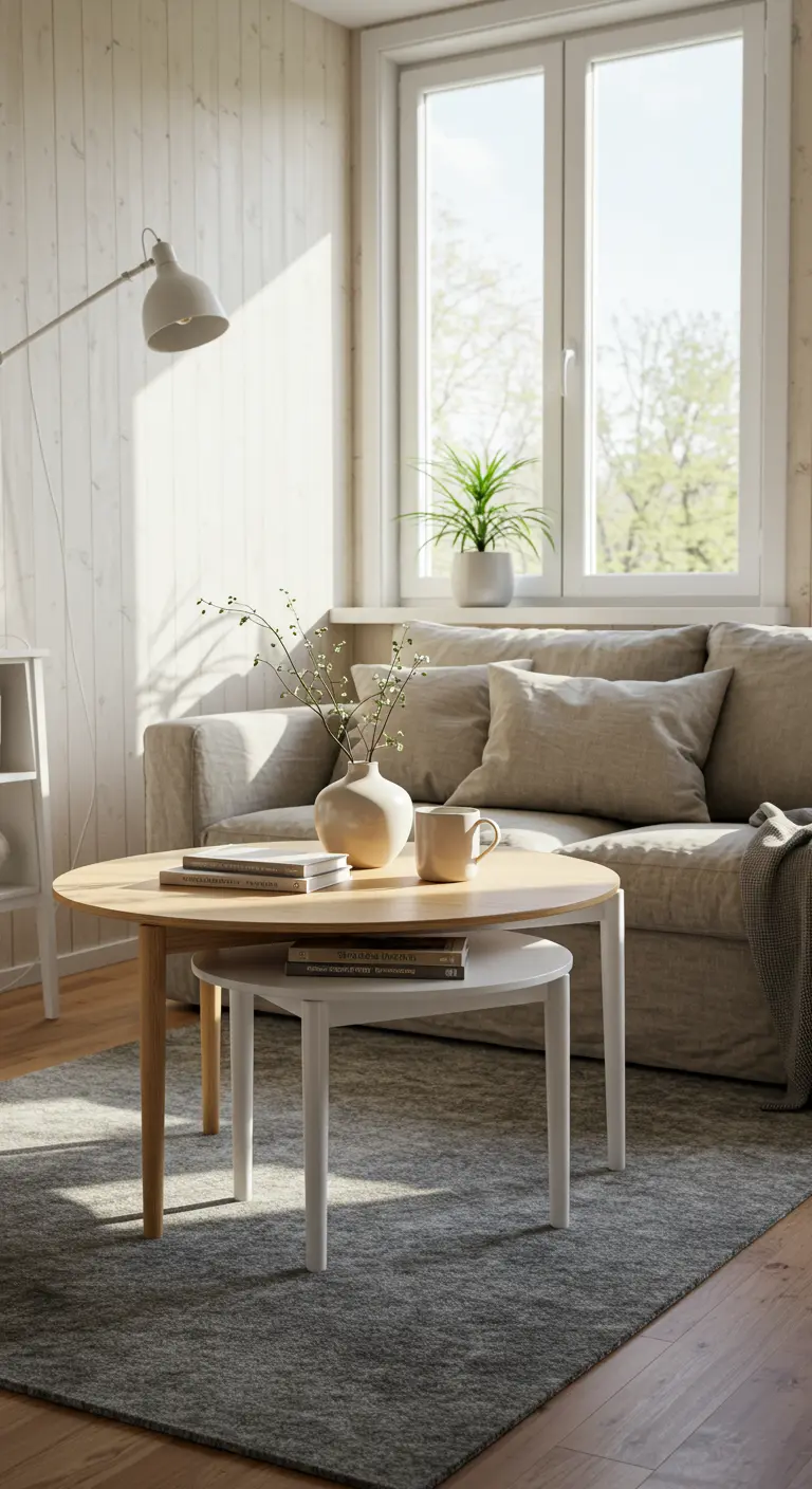 Mesas nido redondas de madera y blanco en una sala de estar escandinava luminosa