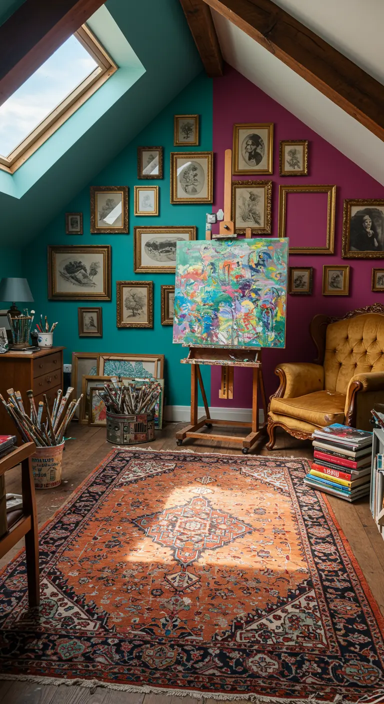 Estudio de arte en un ático con paredes de dos colores, una galería de cuadros y un caballete.