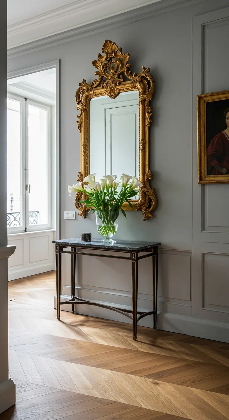 Recibidor elegante con espejo dorado rococó, consola de metal negro y jarrón con calas blancas.