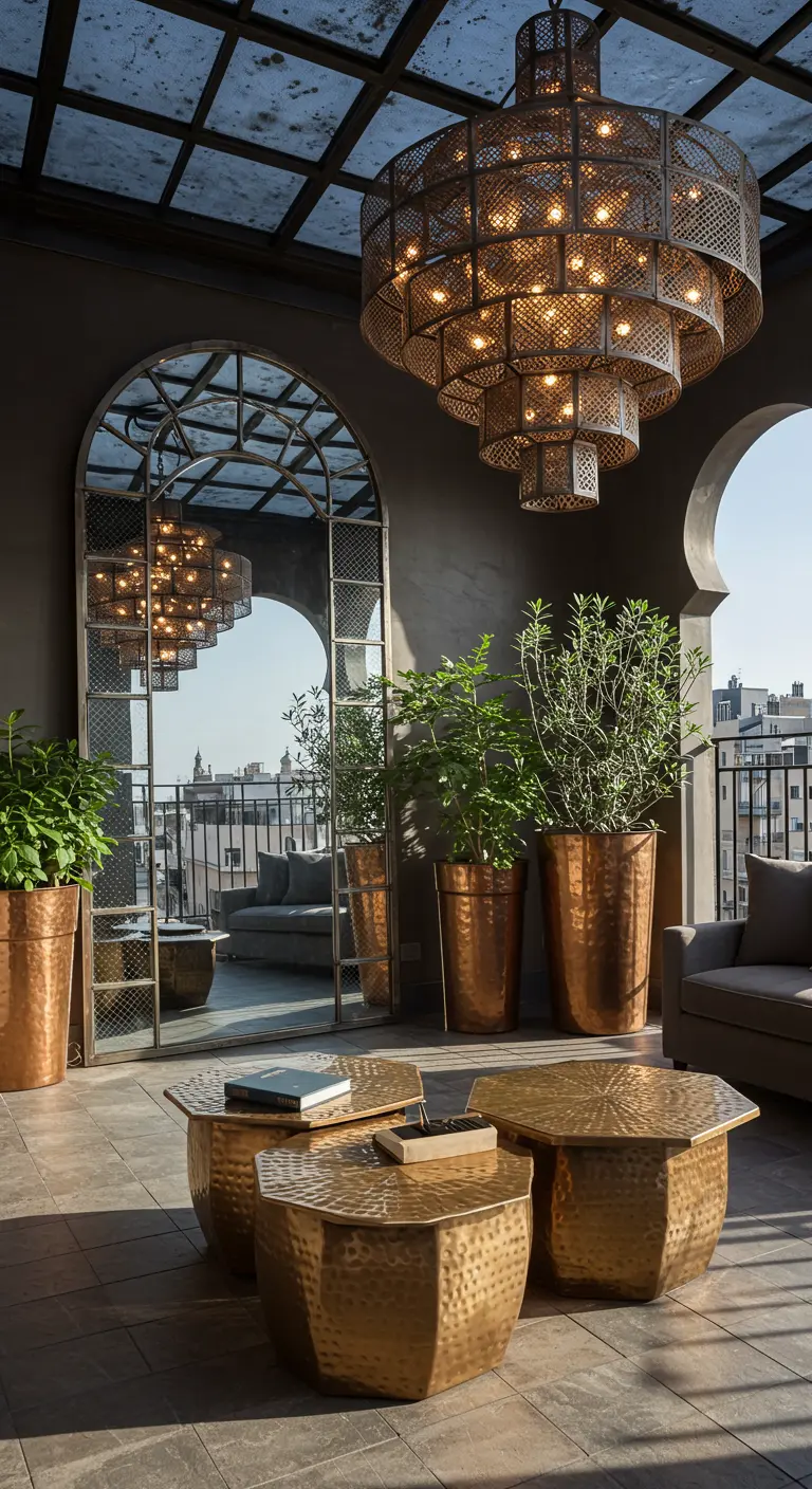 Terraza elegante con un enorme espejo arqueado y una lámpara de araña marroquí de metal.